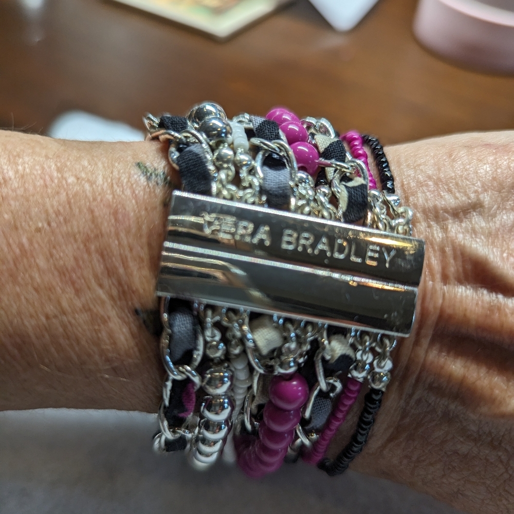 Vera Bradley mixed media bracelet. Predominantly black, silver and pink